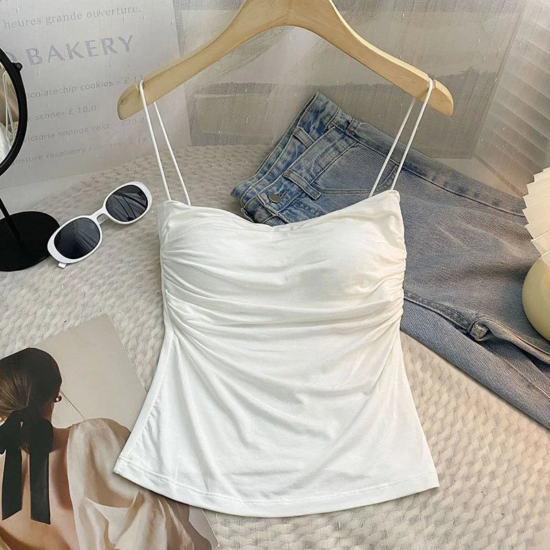 Débardeur d'été sexy pour femme, bretelles spaghetti, sans manches, gilet, caraco, haut de soirée, clubwear, slim, court, noir