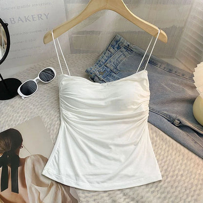 Débardeur d'été sexy pour femme, bretelles spaghetti, sans manches, gilet, caraco, haut de soirée, clubwear, slim, court, noir