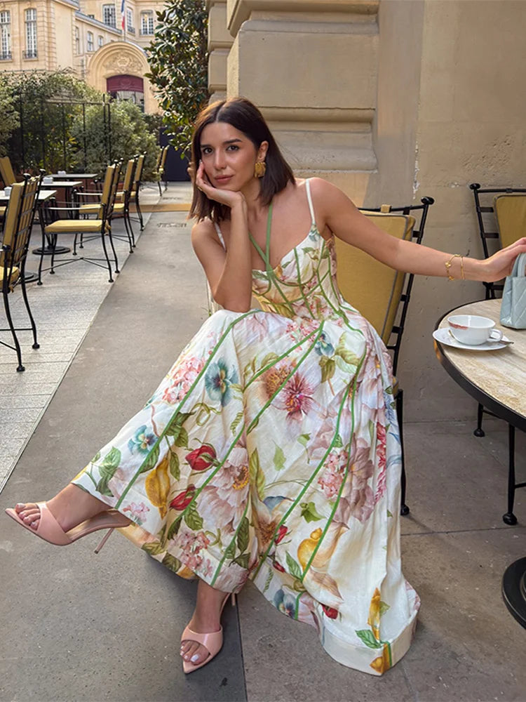 Elegante Abito Midi Stampato da Donna con Collo a O, Maniche Corte a Sbuffo, Vita Alta e Pieghe - Vestito Femminile Chic Nuovo 2026 per Matrimoni