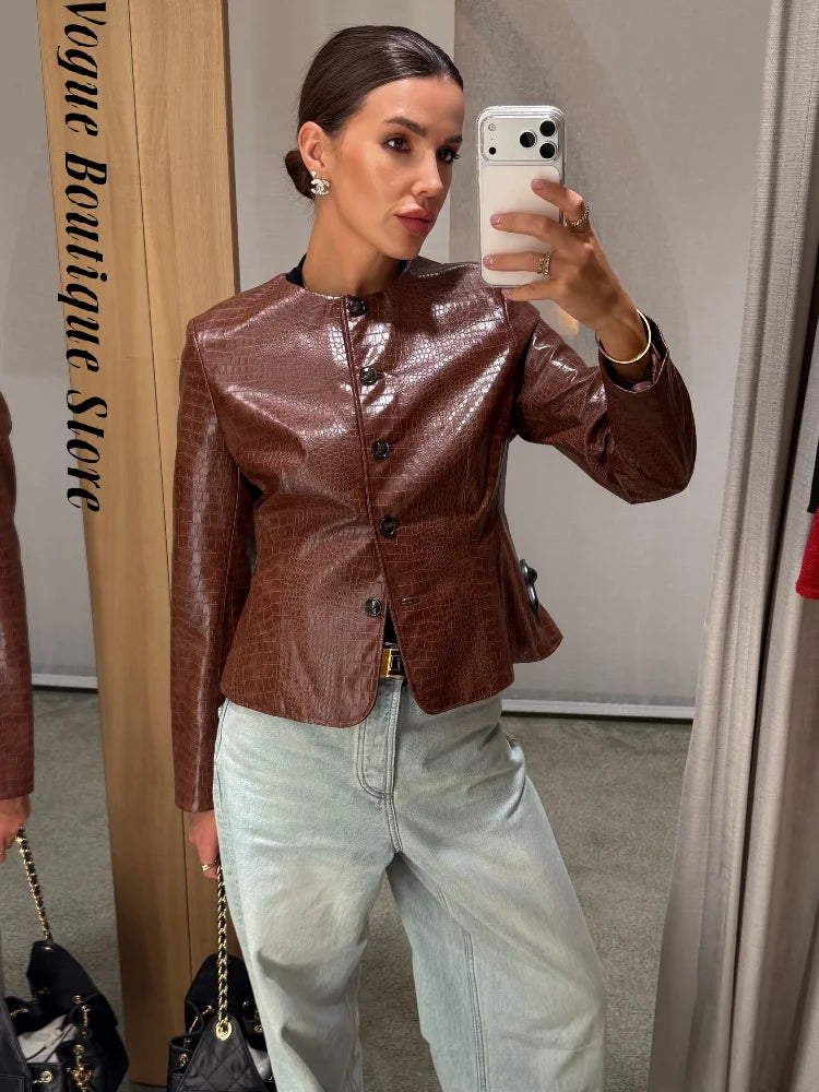 Giacca da donna in pelle PU tinta unita con colletto alla coreana e bottoni, cerniere, cappotto da donna, moda autunno 2026, capospalla femminile streetwear