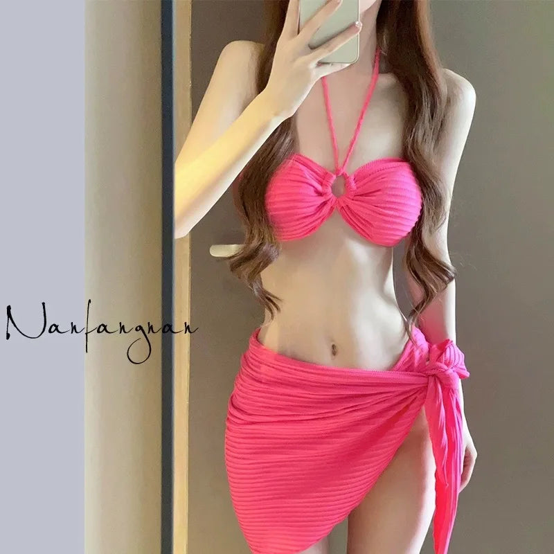 Maillot de bain bikini de couleur unie pour femme, ensemble trois pièces, natation, sports aquatiques, triangle, sexy, haut de gamme, sources chaudes