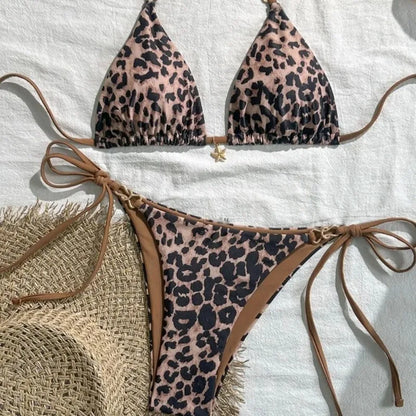 2025 New Arrival European and American Leopard Print Halter Bikini Set for Women, Sexy Swimsuit