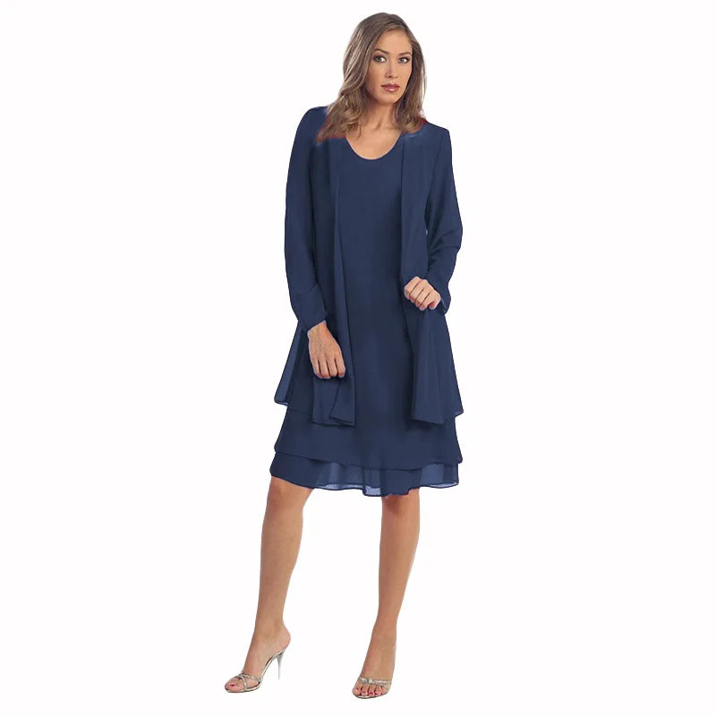 2 pezzi abito in chiffon set donna casual manica lunga cardigan solido abito elegante abiti da festa da sera da sposa abbigliamento abiti