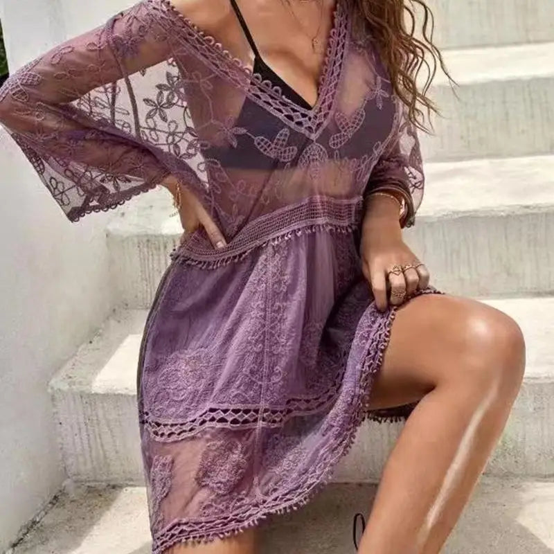 Copricostume da donna in rete con scollo a V profondo, sexy, per l'estate, vestito da spiaggia a maniche corte in pizzo traforato