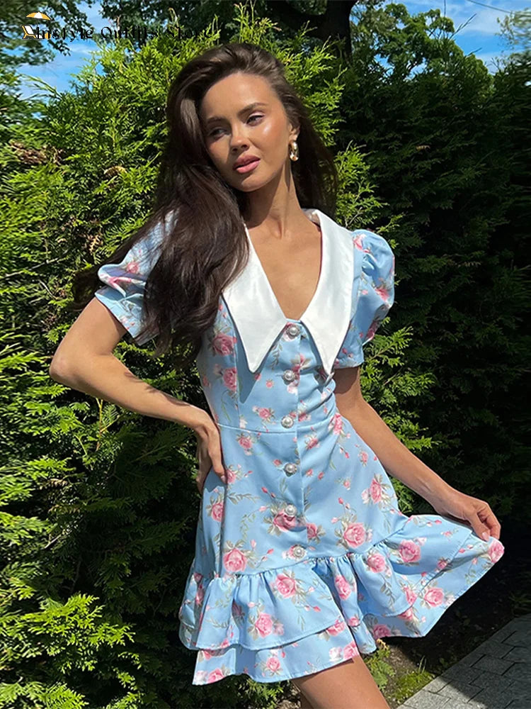 Mini abito con stampa casual Lady Summer Slim bottoni con risvolto Abiti a strati a trapezio Donna Manica corta Abito da vacanza Festa femminile Dolce