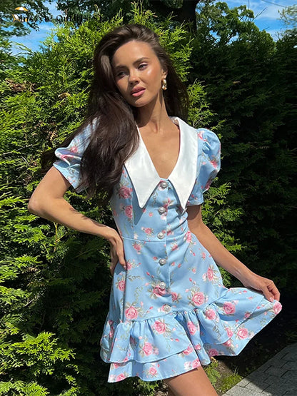 Mini abito con stampa casual Lady Summer Slim bottoni con risvolto Abiti a strati a trapezio Donna Manica corta Abito da vacanza Festa femminile Dolce