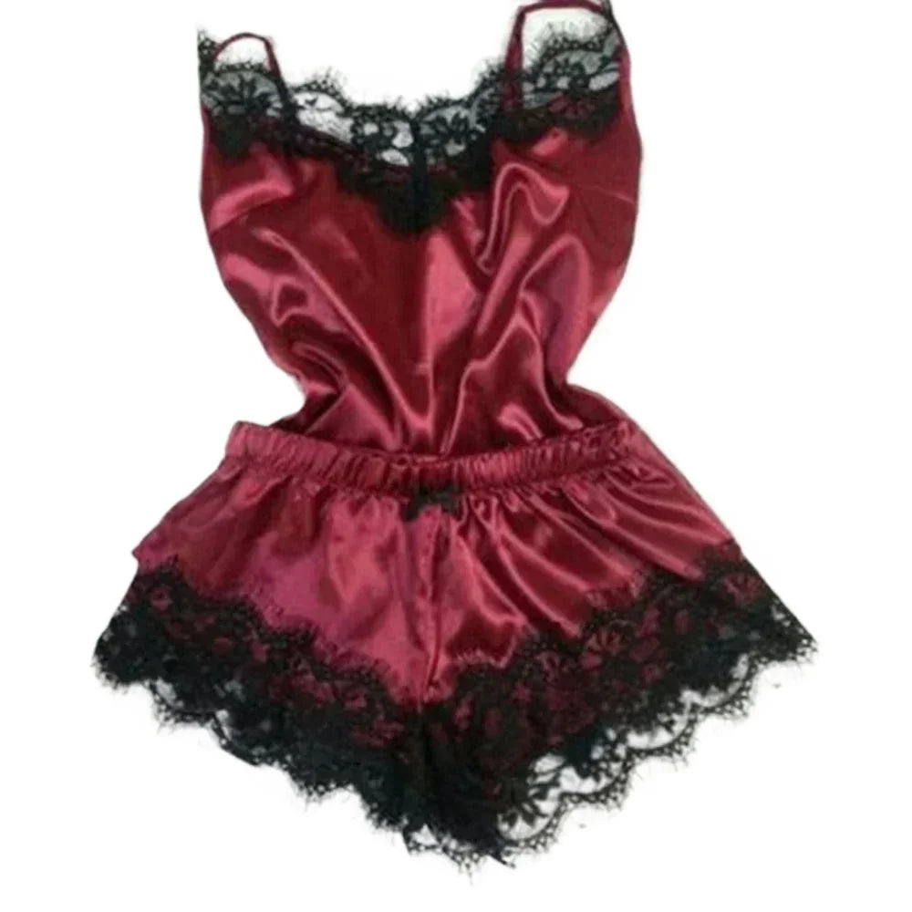 Ensemble de pyjama d'été en dentelle et soie pour femme, nuisette sexy avec caraco et short, ensemble confortable et décontracté