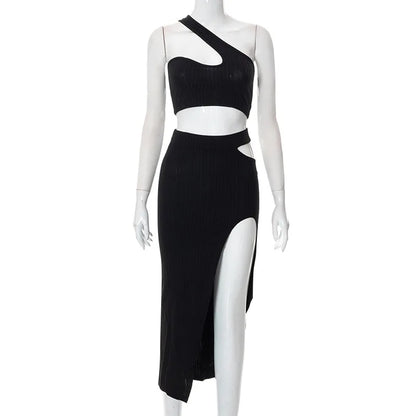 Summer women's fashion temperament slim fit sexy spicy girl outfit solid color slit thread skirt set