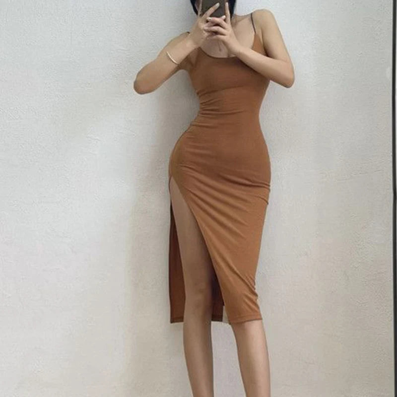 Rimocy Abito lungo sexy con spacco alto per donna Abito estivo aderente senza maniche senza schienale Donna Vacanza Spiaggia Abiti con cinturino per spaghetti