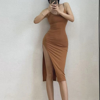Rimocy Abito lungo sexy con spacco alto per donna Abito estivo aderente senza maniche senza schienale Donna Vacanza Spiaggia Abiti con cinturino per spaghetti