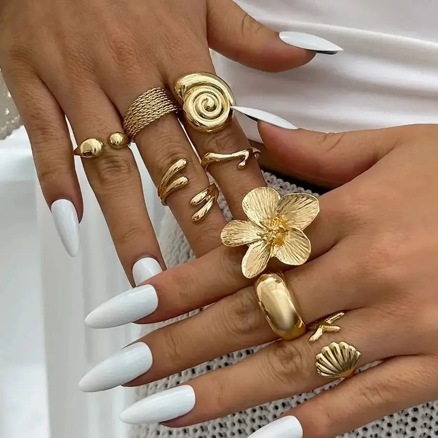 Ingemark 8 Pz/set Vintage Metallo Petalo Fiore Goccia D'acqua Anelli Aperti per Le Donne di Tendenza 2025 Goth Anello Geometrico Regalo Dei Monili Quotidiani