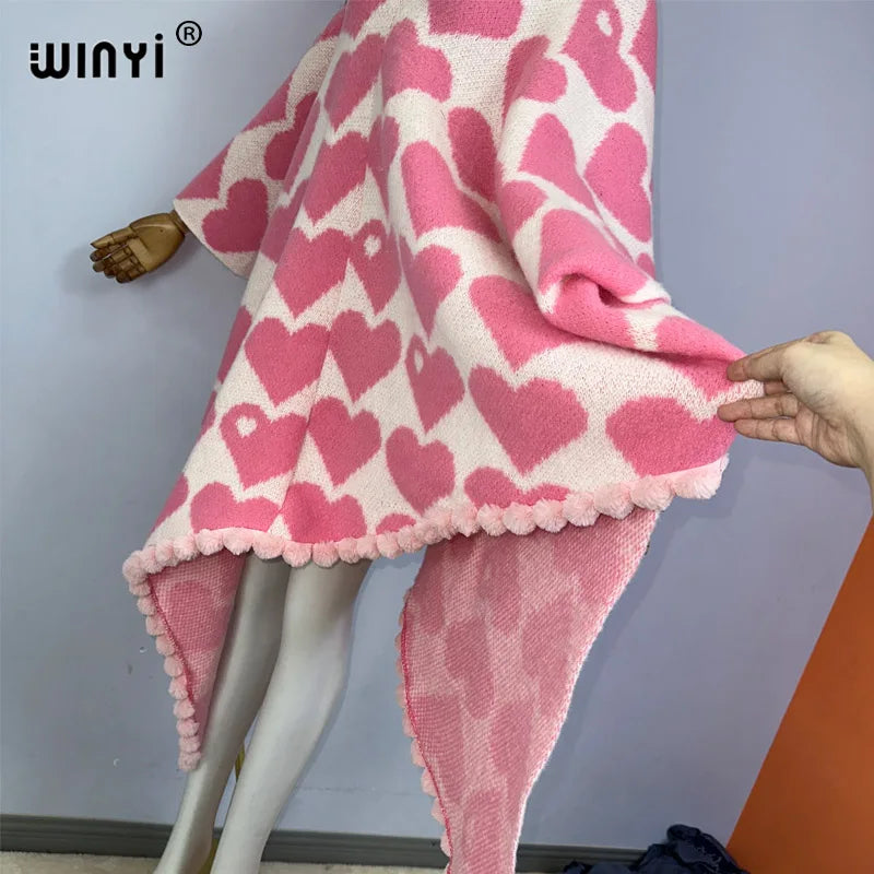 WINYI inverno scollo a v colletto mantello di alta qualità confortevole spesso caldo poncho donna natale dolce amore stampa abito irregolare