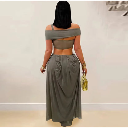 Abito lungo da spiaggia sexy da donna scava fuori senza schienale piega una linea abiti femminili 2025 moda estiva chic abiti a vita alta solidi