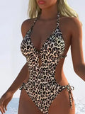 Bikini One-Piece Leopard Print Hollow out Strap Swimsuit Sexy Backless European Style Women's Adult Swimwear Polyester Fabric