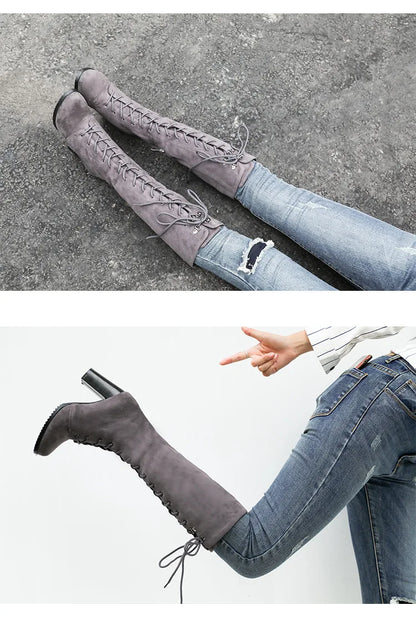 Knee-high Boots Woman Fashion Round Toe High Heeled Thigh High Boots Female Winter Warm Long Boots Grey Black Size 34-43