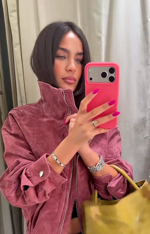 Giacca da pilota in pelle da donna con colletto alto, cerniera rossa, cappotto corto, abbigliamento casual alla moda, novità 2026, streetwear.