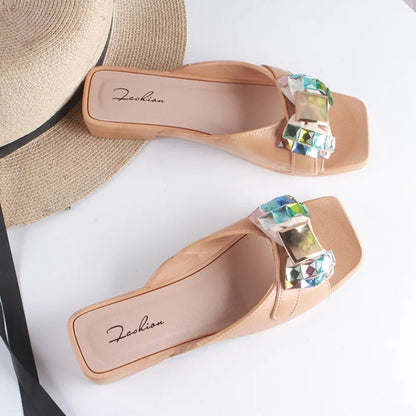 Claques d'été une pièce, nouvelles sandales de plage tendance à strass de couleur unie, chaussures plates décontractées pour femmes