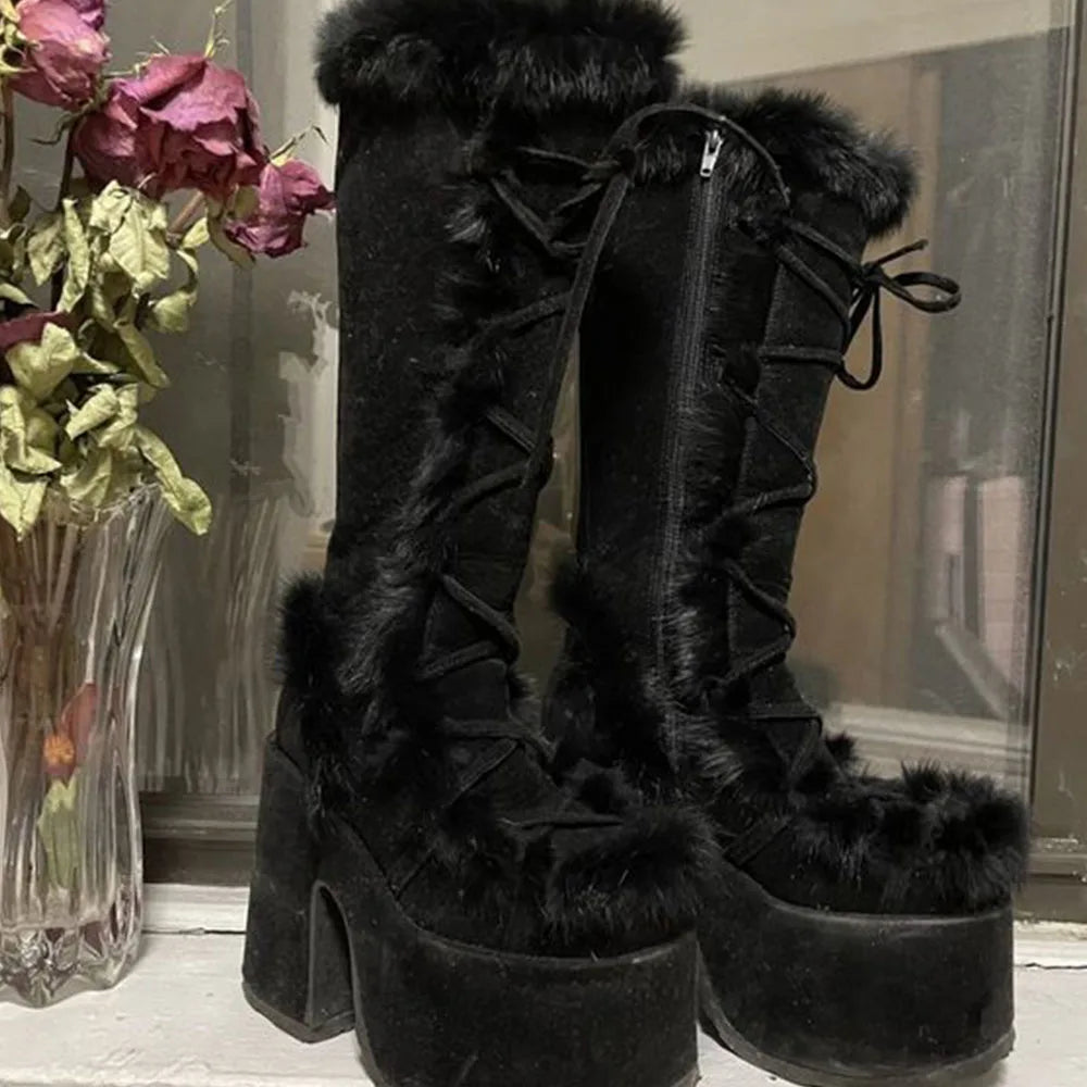 Big Size 46 Winter y2k Pink Knee High Boots Women White Chunky Platform Boots Gothic Black Faux Fur Block High Heels Boots Shoe