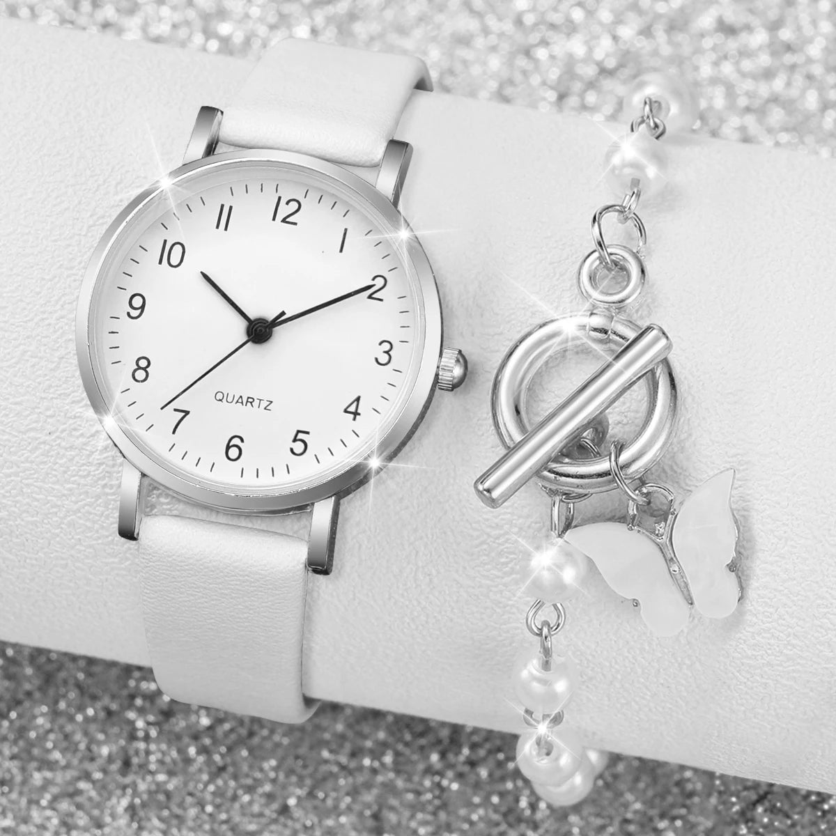 2 pz/set orologio da donna moda piccolo quadrante arabo cinturino in pelle orologi al quarzo perle Set di braccialetti a farfalla (senza scatola)