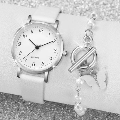 2 pz/set orologio da donna moda piccolo quadrante arabo cinturino in pelle orologi al quarzo perle Set di braccialetti a farfalla (senza scatola)