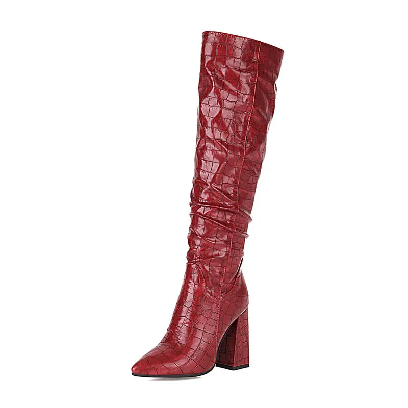 Western Cowboy Boots for Women Winter Footwear Shoes Square Heels Quality Knee High Boot Female Snake Leather Large Size 45 48