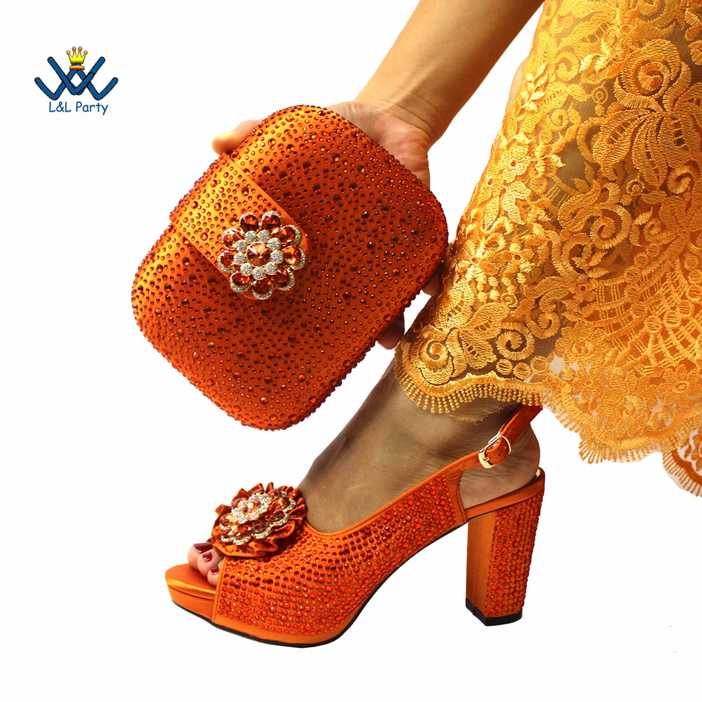 New Design Peep Toe African Spring Autumn Lady Shoes and Bag Set in Gold Color Women Sandal in Wedding