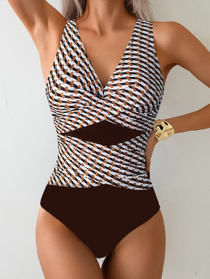 Maillot de bain patchwork noir et blanc sexy pour femme, col en V profond, coupe gainante, une pièce, pour la plage, monokini 2026