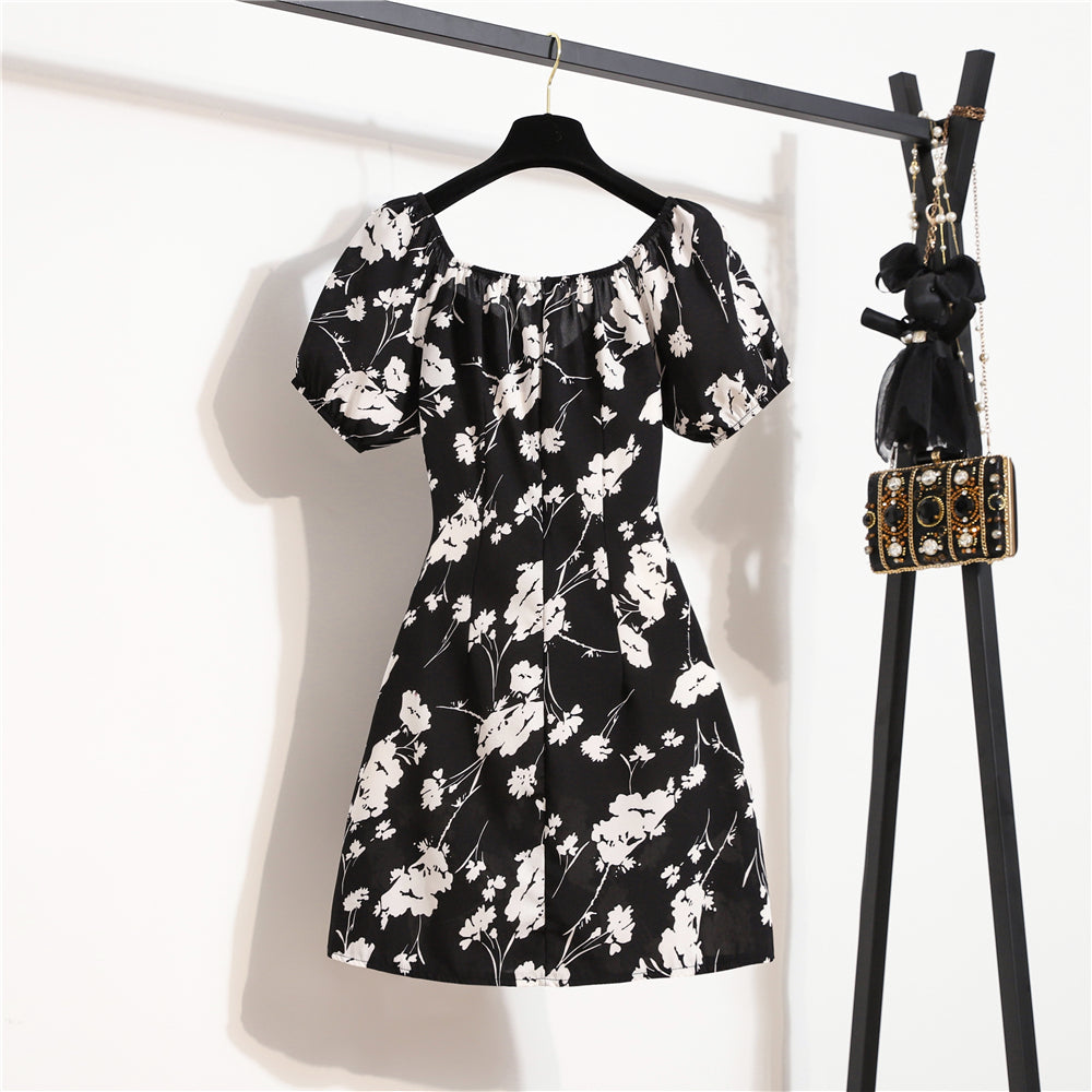 Mini abiti da donna Moda estiva Abiti femminili Stampa Abiti in chiffon floreale Abito casual con maniche corte a pieghe arricciate