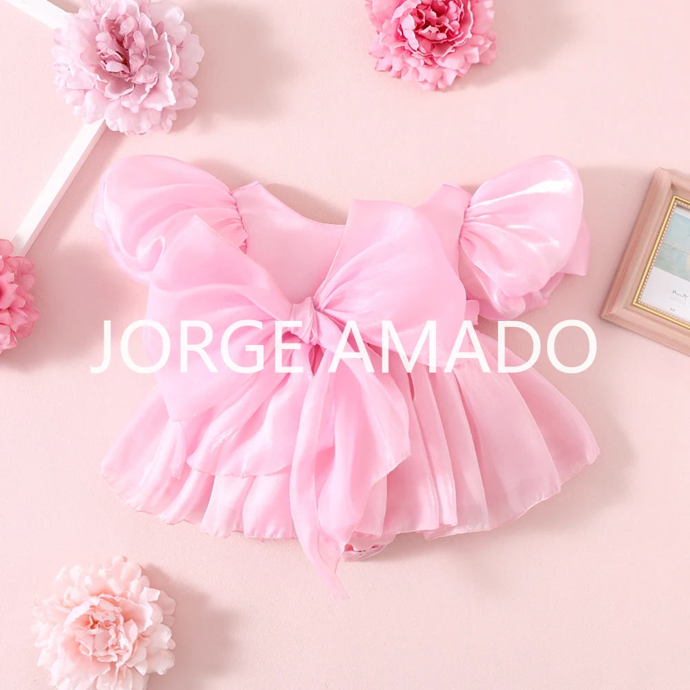Completi Estivi Coordinati per Gemelle, Body a Maniche Corte con Grande Fiocco, Abiti Principessa con Schiena Scoperta, Abbigliamento per Bambine H0404