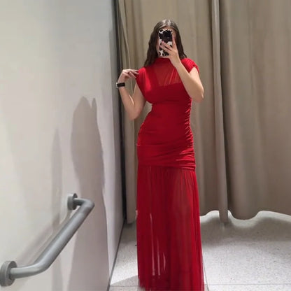 Maglia sexy vedere attraverso lungo abito rosso senza maniche piega patchwork a-line maxi abiti da festa femminile 2025 estate signora abiti slim