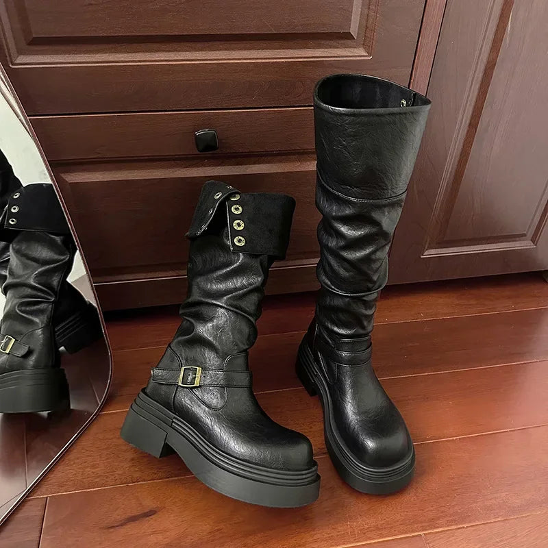Women's Platform Motorcycle Boots Buckle Strap Thick-soled Boots Feamle New Fashion Black PU Leather Western Knight Botas Mujer