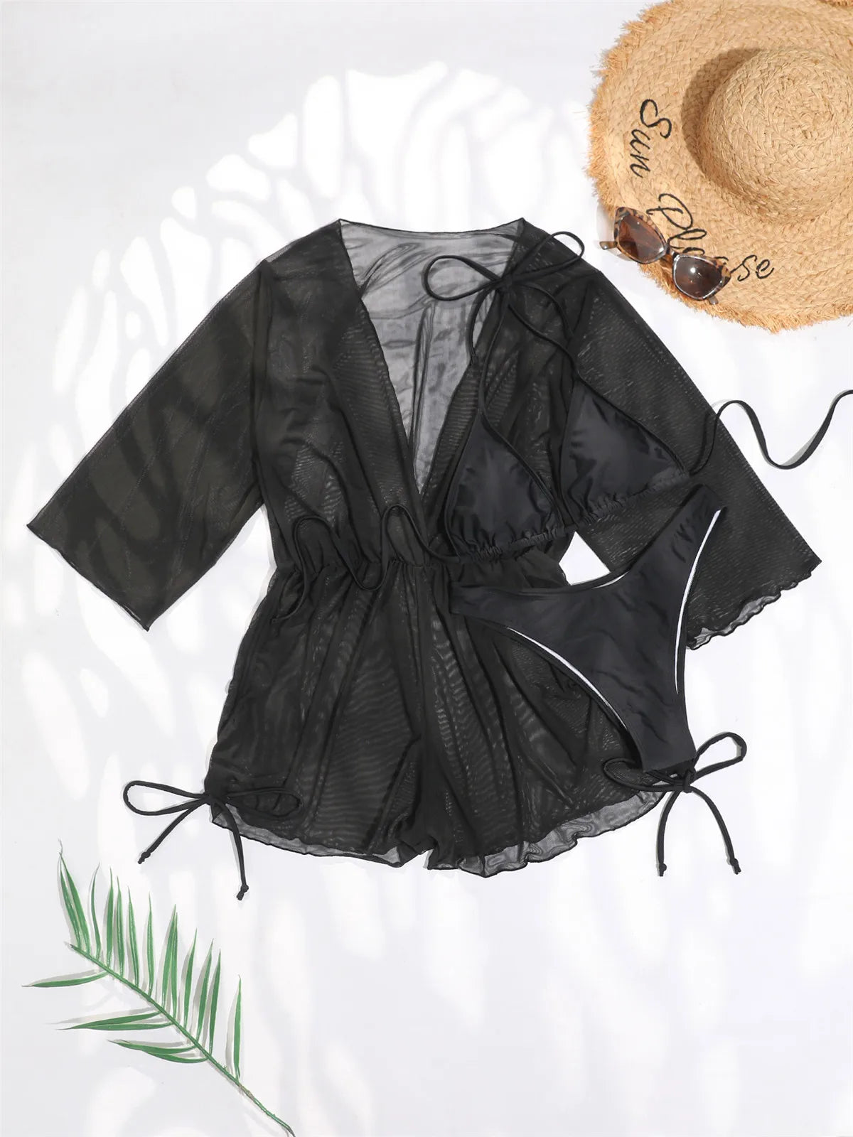 Costume da bagno sexy a maniche lunghe con copricostume, set bikini da donna bianco e nero, vestito in rete push-up, costume da bagno a 3 pezzi, perizoma, collezione 2026