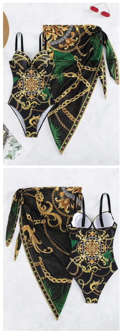2025 Women One Piece Wired Monokini + Wrapped Skirt Black/Blue/Green Chain Printed Sexy Slim Fit Hanging Straps Hard Pack Bikini