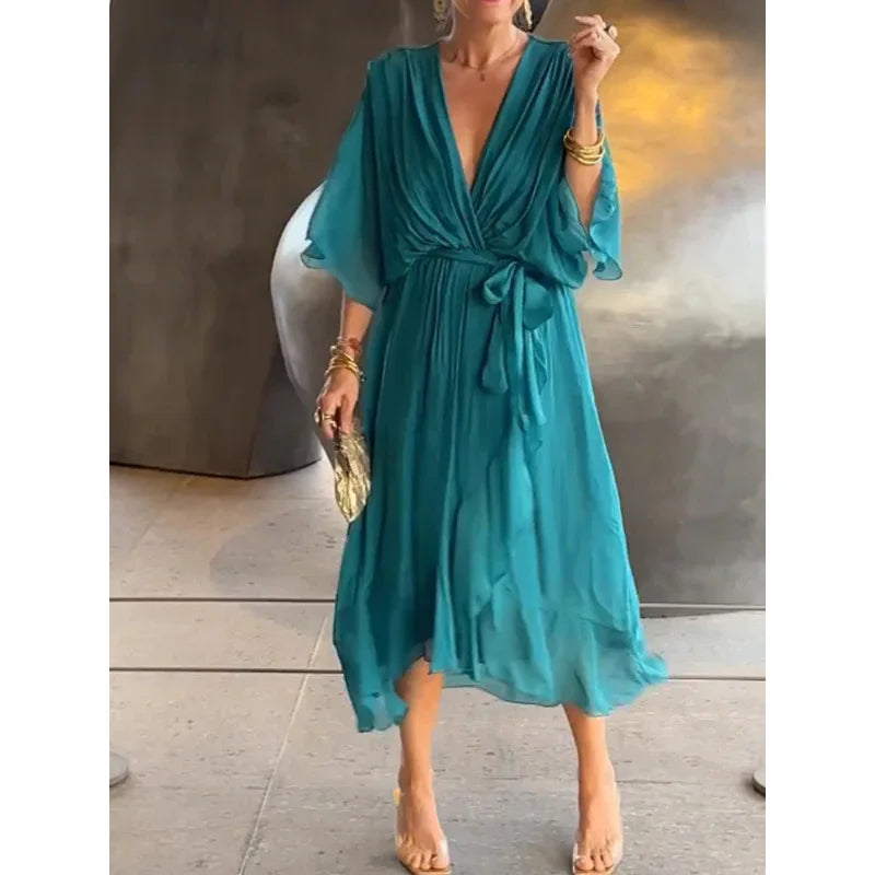 Abiti da festa eleganti in chiffon solido per le donne Sexy scollo a V maniche a pipistrello Lace Up Ruffles Abito lungo irregolare Abito casual Femme