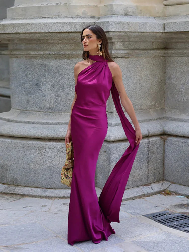 Sciarpa a nastro Halter Abito da donna Spalla inclinata Raso di seta Slim Fit Streamer Grandi abiti sexy senza schienale Abiti lunghi da donna Estate