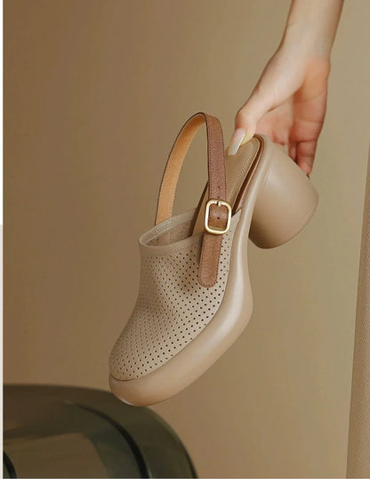 Sandali estivi Punta tonda Scava fuori Sandali con tacco alto per donna Sandali con plateau Zapatos Mujer Tacco grosso Scarpe di pelle di pecora Verde