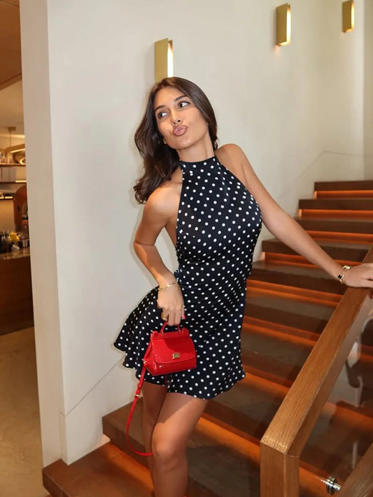 Abiti stampati a pois con scollo all'americana per le donne Moda sexy streetwear senza schienale senza maniche O-Collo Guaina Mini abiti abiti femminili slim