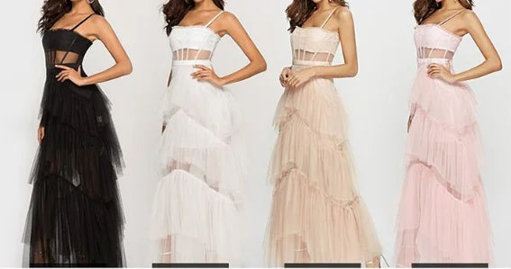 Elegante abito da cerimonia nuziale in tulle a rete per donna senza spalline con spalle scoperte abiti da sera a vita alta abiti da ballo per occasioni formali