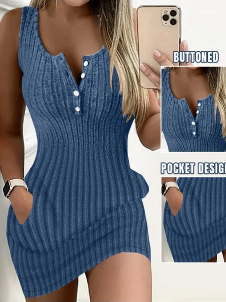 Vestito aderente da donna 2024 Moda estiva Sexy Nuovo colore solido Pit Strip Slim senza maniche Canotta Mini abiti in maglia per le donne
