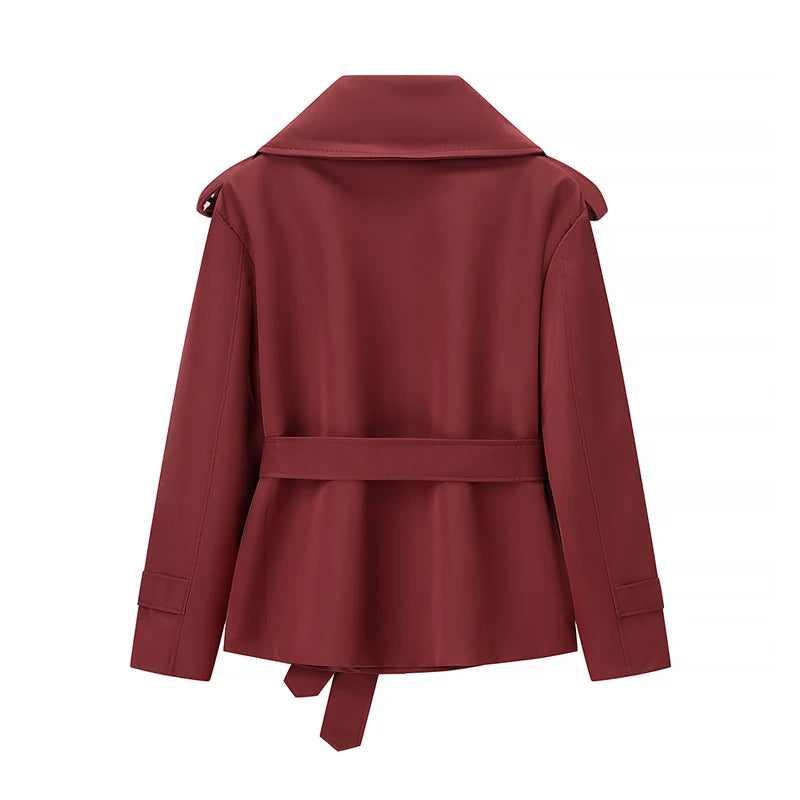 Trench con lacci con risvolto solido per le donne Moda maniche lunghe spalla larga cappotto corto allentato 2025 Nuovo autunno pendolari Outwear