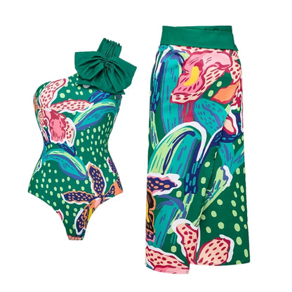 Vintage Green Abstract Print Bikini Set Women Push Up High Waist Swimsuit 2026 Beach Bathing Suit Long Skirt 3 Piece Swimwear