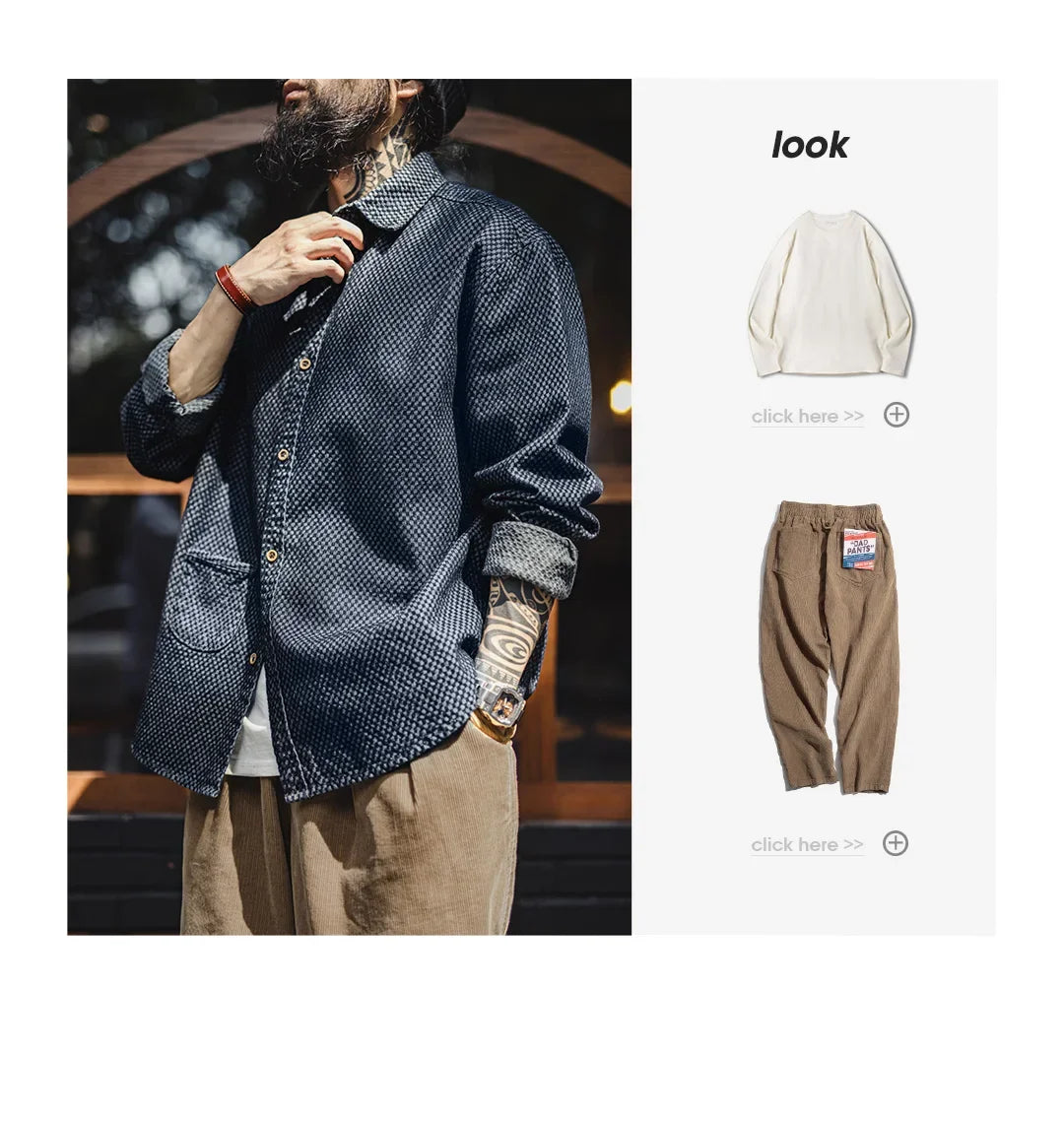 Maden Camicia di jeans a maniche lunghe ampia retrò Giacca monopetto con risvolto a quadretti per uomo Capispalla versatile primaverile e autunnale