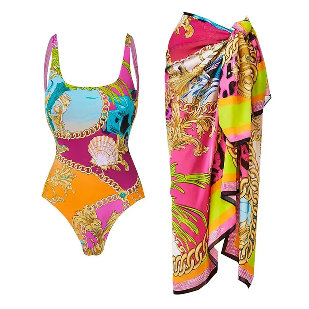 Push Up One Piece Swimsuit With Cover Up Sexy Swimwear Women 2025 Printed Swim Suits Female Bikinis Sliming Bodysuit Beachwear