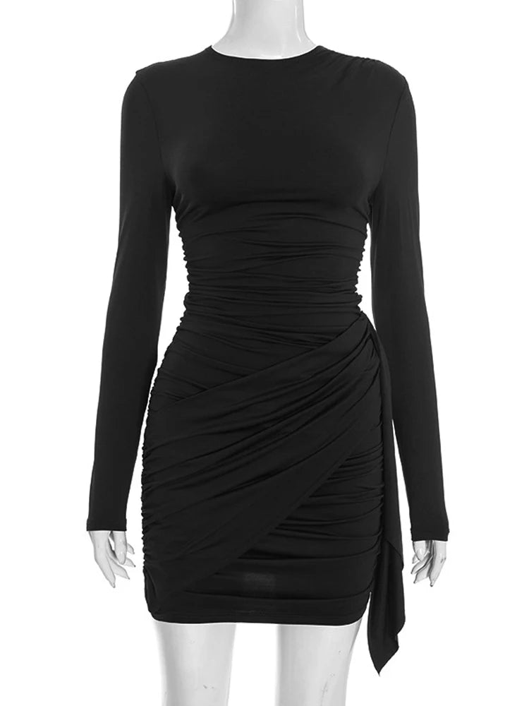Abito tubino sottile solido girocollo Moda donna manica lunga avvolgente corto mini abiti a vita alta Lady 2026 abito da sera per feste