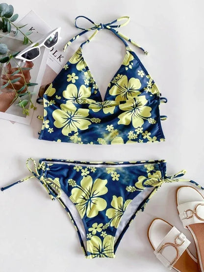 Costume da bagno sexy con stampa floreale gialla Set da donna Halter Push Up Crop Top Costume da bagno 2025 Costume da bagno da spiaggia con lacci Costumi da bagno a vita alta