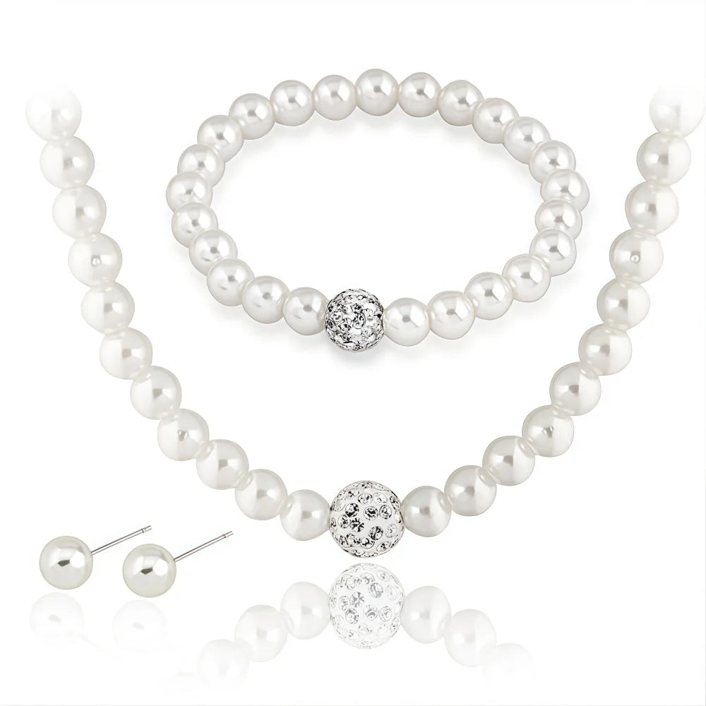 3 pezzi di perle finte palla di fuoco collana braccialetto orecchino set di gioielli con perno colore argento pietra di cristallo elegante regalo di gioielli da sposa