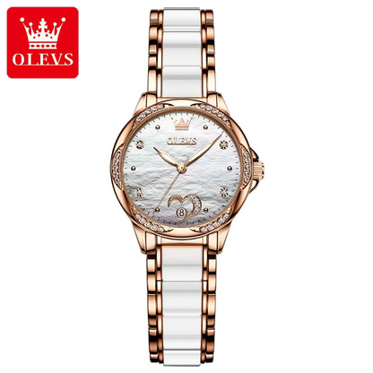 OLEVS 6631 Orologi automatici da donna Eleganti orologi da polso meccanici da donna impermeabili con cinturino in ceramica color oro rosa e lunetta con diamanti