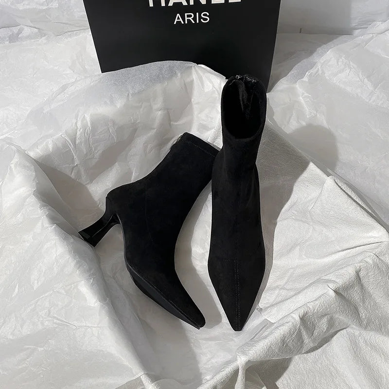 Pointed Toe Women Sock Short Boots Fashion Side Zipper  Ankle Booties Thick High Heel Autumn Winter Ladies Shoes Botas Femininas