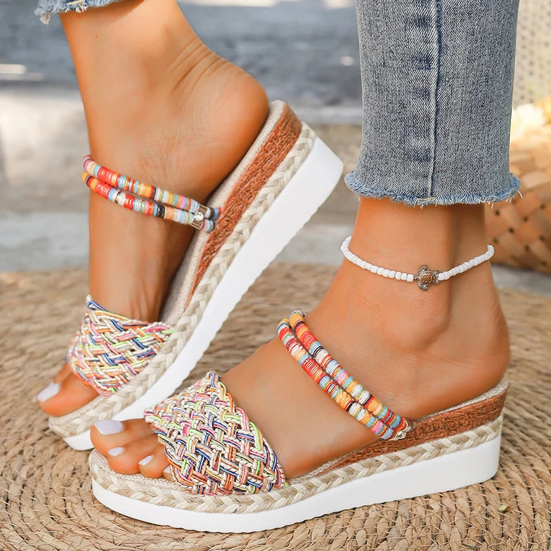 Summer Beach Vocation Sandali bohémien Donna Tacchi con zeppa Pantofole con plateau in tessuto colorato Donna Plus Size 43 Sandalias De Mujer