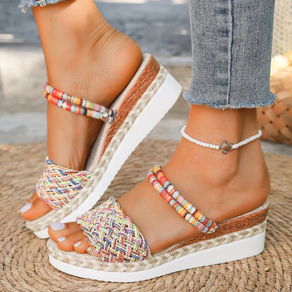 Summer Beach Vocation Sandali bohémien Donna Tacchi con zeppa Pantofole con plateau in tessuto colorato Donna Plus Size 43 Sandalias De Mujer